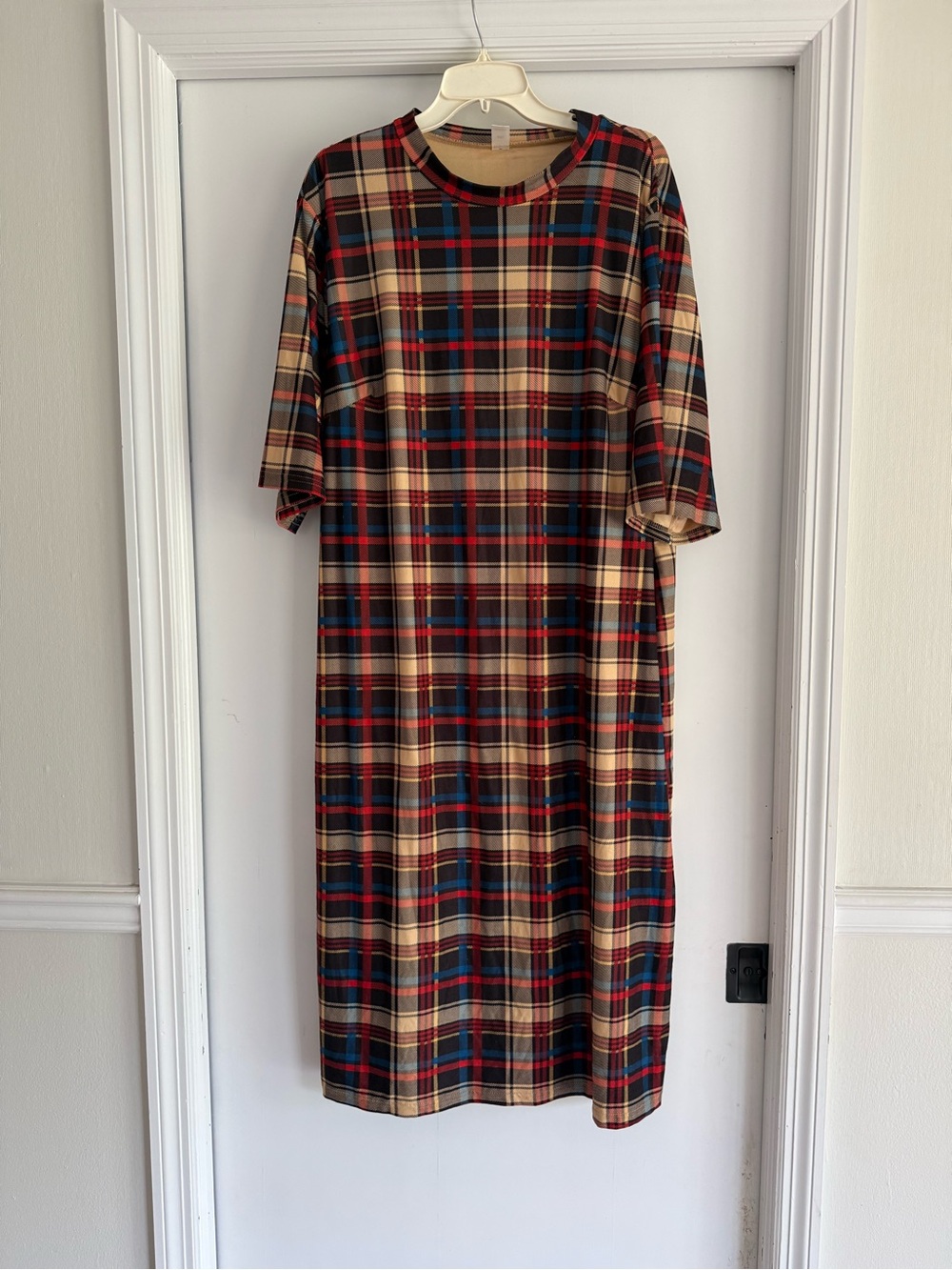Plaid Midi Wiggle Dress in Tan and Red - Classic Comfortable Fit - Picture 2 of 4